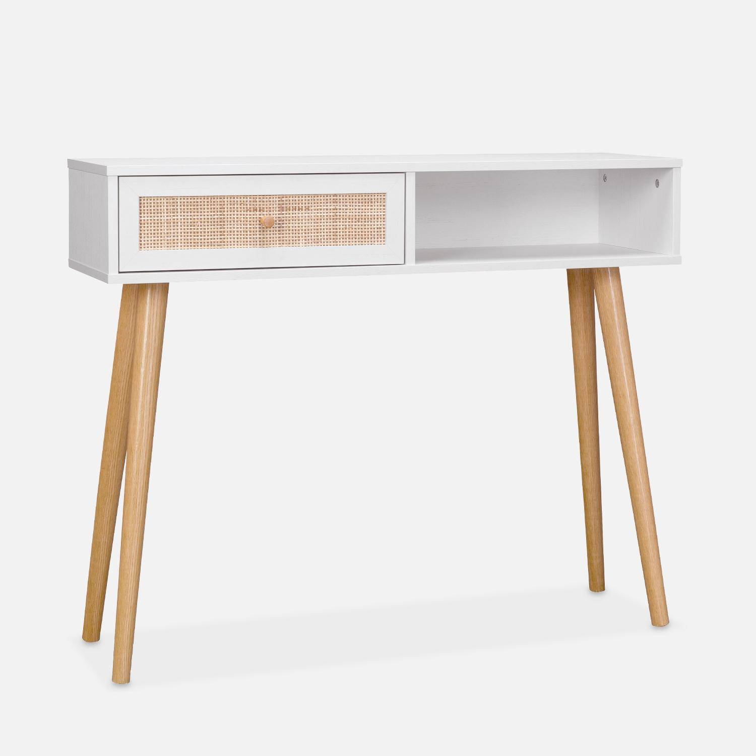 Console en cannage 100x29x81cm  -  Bohème -  Blanc, 1 tiroir,1 espace de rangement, pieds scandinaves décor bois, 1 poignée Photo1