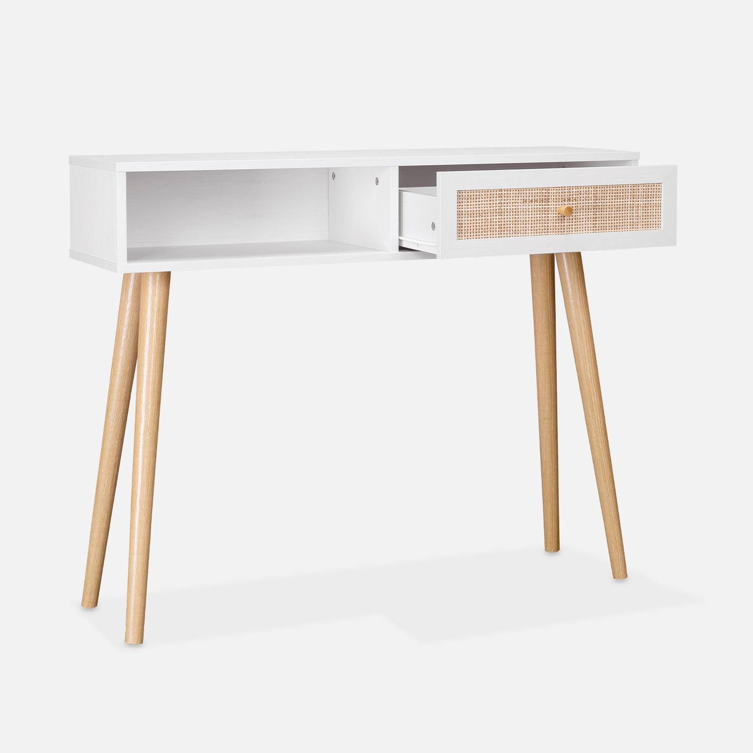 Console en cannage 100x29x81cm  -  Bohème -  Blanc, 1 tiroir,1 espace de rangement, pieds scandinaves décor bois, 1 poignée Photo4