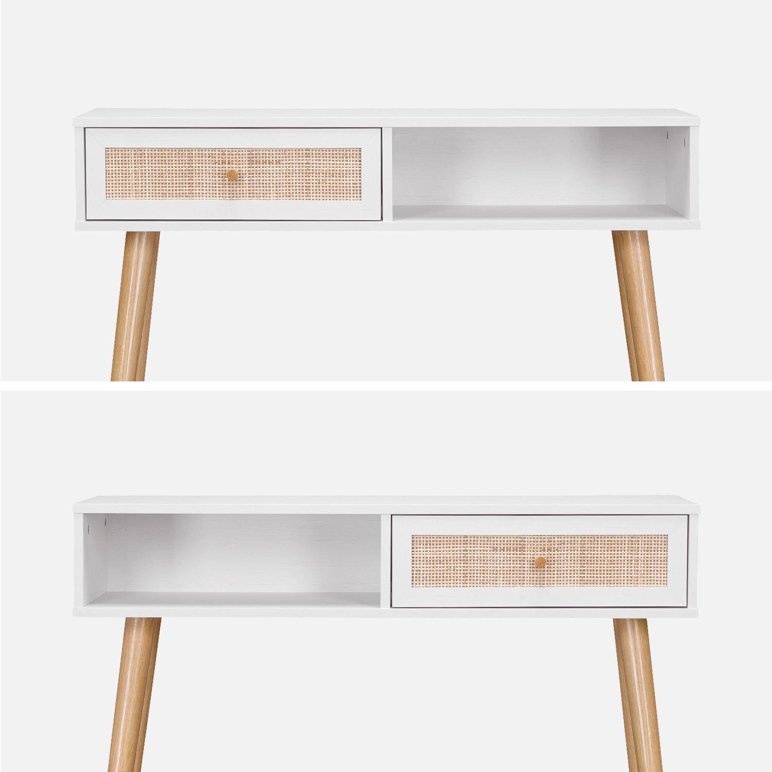 Wood and cane rattan Scandi-style console table, 100x30x81cm - Boheme - White Photo3