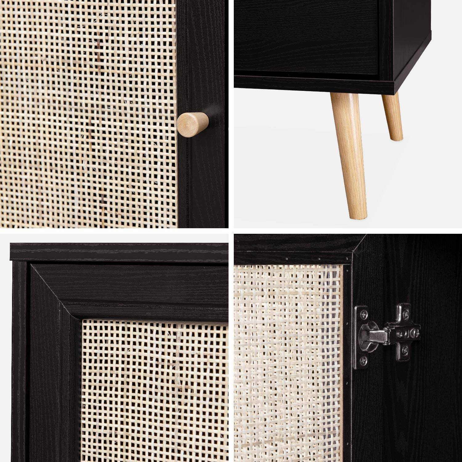 Wooden and cane rattan detail storage cabinet with 2 shelves, 1 cupboard, Scandi-style legs, 80x39x65.8cm - Boheme - Black,sweeek,Photo5