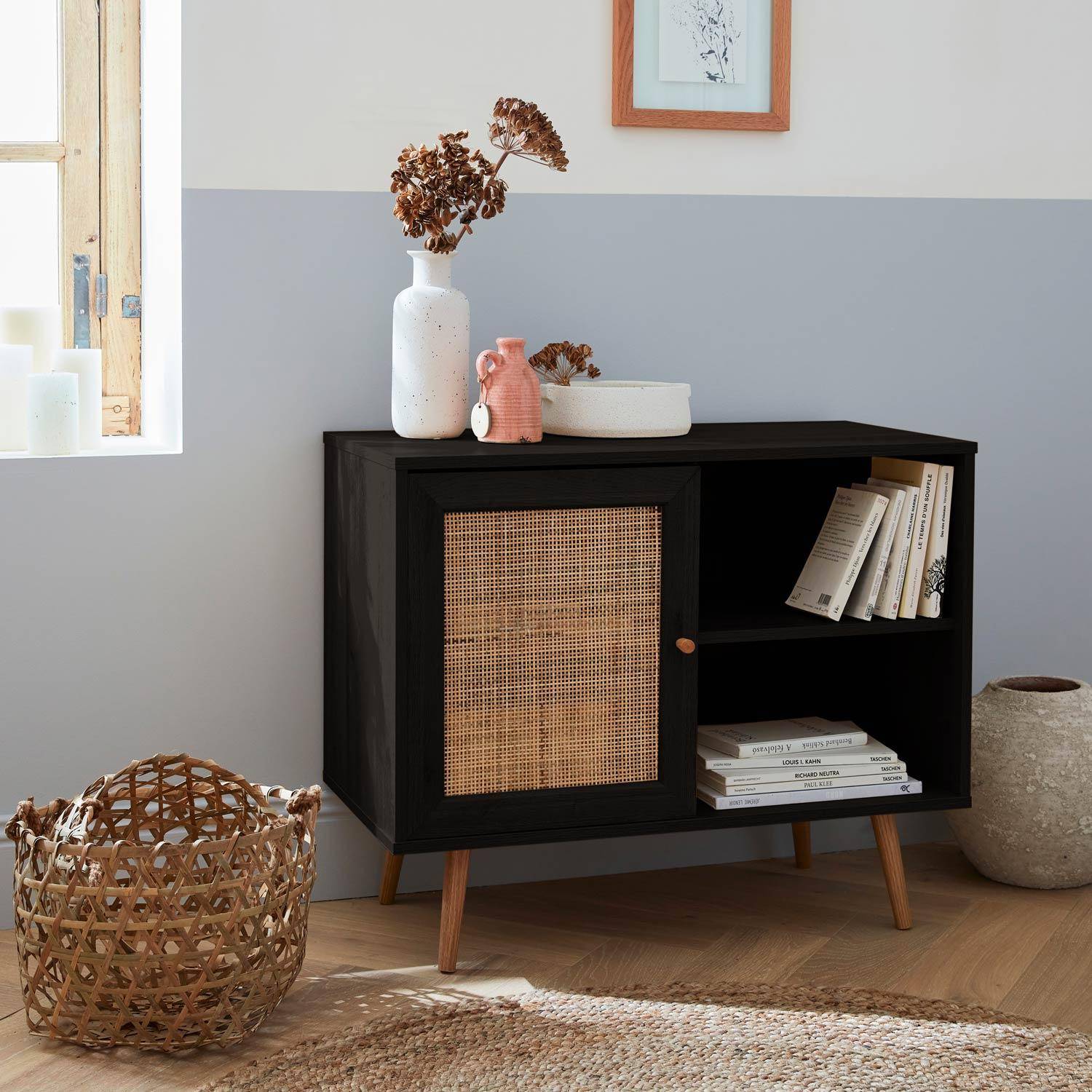 Scandi-style wood and cane rattan storage cabinet with Scandi-style ...