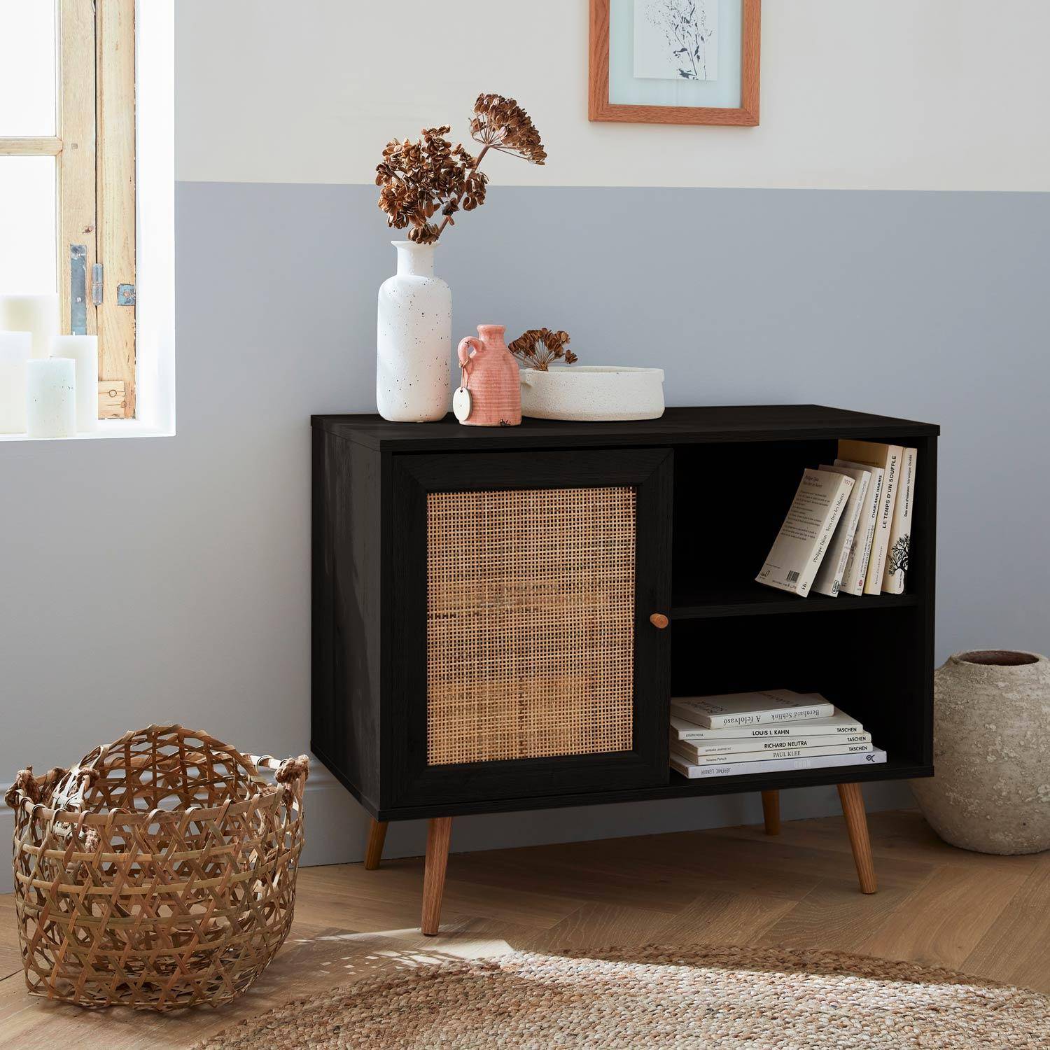 Wooden and cane rattan detail storage cabinet with 2 shelves, 1 cupboard, Scandi-style legs, 80x39x65.8cm - Boheme - Black,sweeek,Photo1