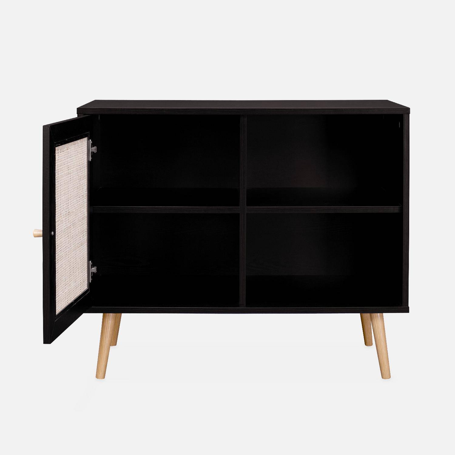 Wooden and cane rattan detail storage cabinet with 2 shelves, 1 cupboard, Scandi-style legs, 80x39x65.8cm - Boheme - Black,sweeek,Photo4