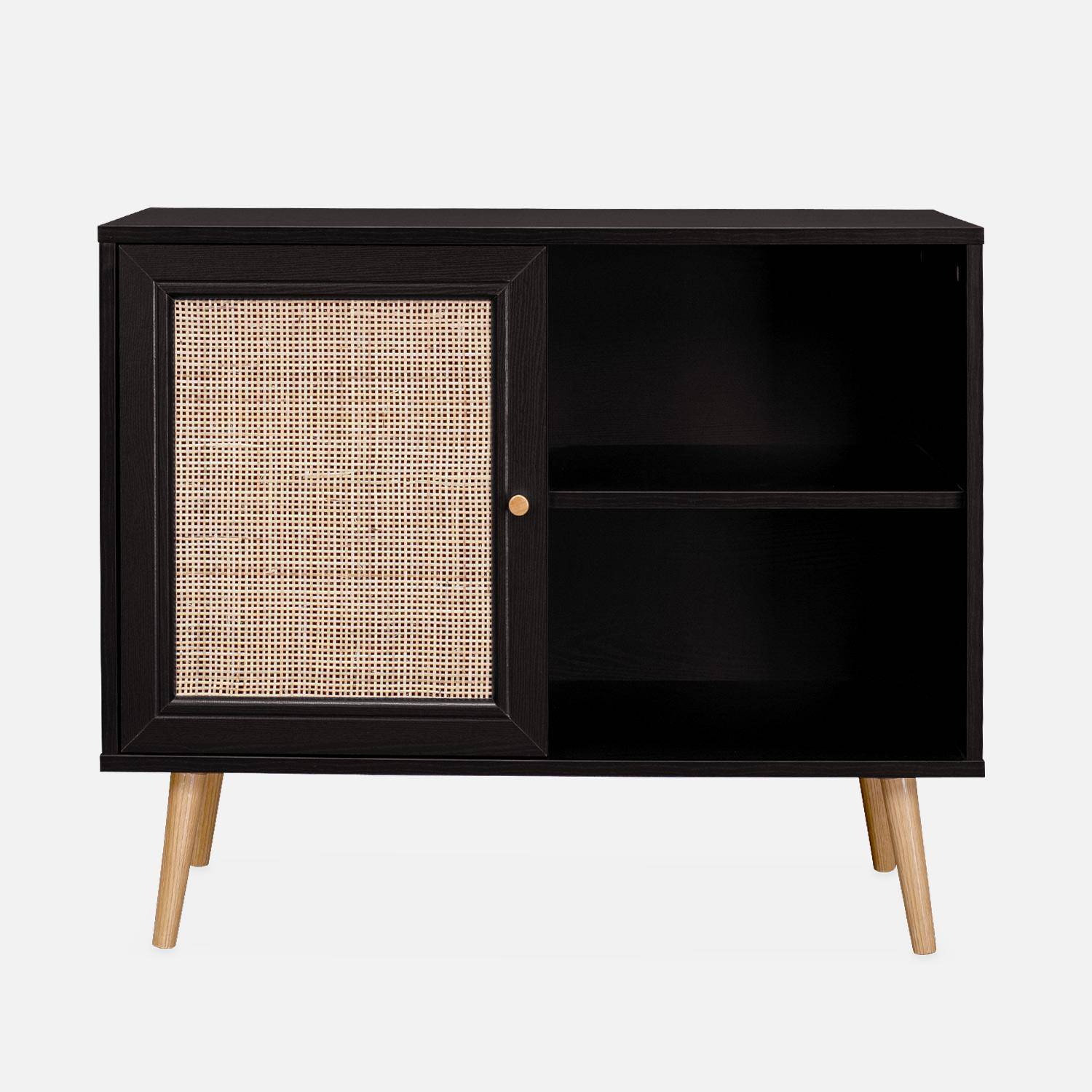 Wooden and cane rattan detail storage cabinet with 2 shelves, 1 cupboard, Scandi-style legs, 80x39x65.8cm - Boheme - Black,sweeek,Photo3