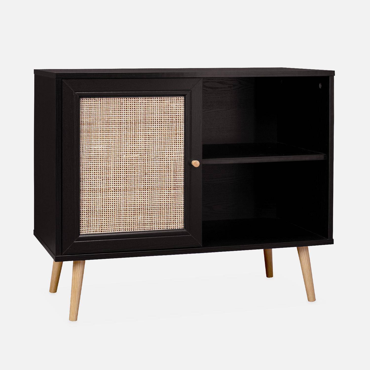 Wooden and cane rattan detail storage cabinet with 2 shelves, 1 cupboard, Scandi-style legs, 80x39x65.8cm - Boheme - Black,sweeek,Photo2