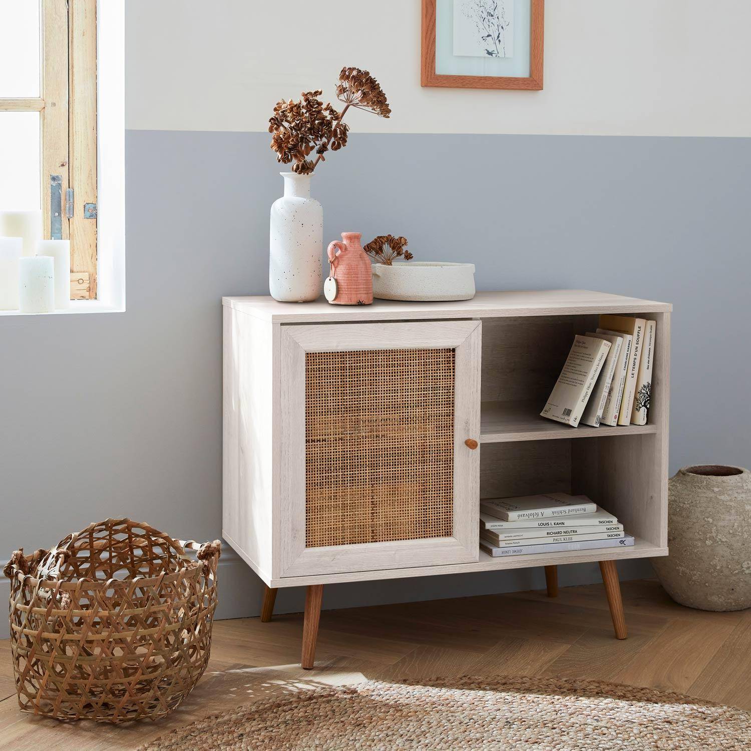 Wooden and cane rattan detail storage cabinet with 2 shelves, 1 cupboard, Scandi-style legs, 80x39x65.8cm - Boheme - White Photo1