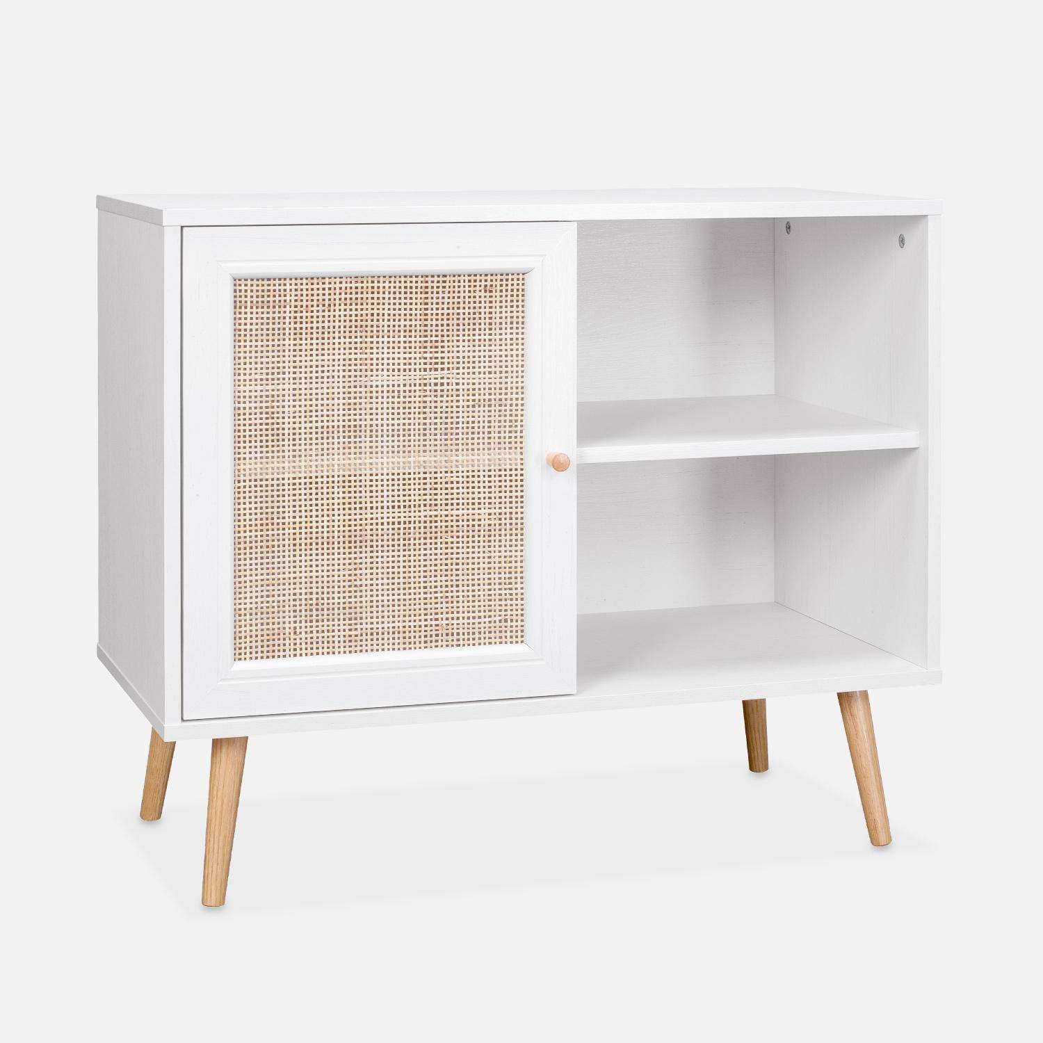 Wooden and cane rattan detail storage cabinet with 2 shelves, 1 cupboard, Scandi-style legs, 80x39x65.8cm - Boheme - White Photo2