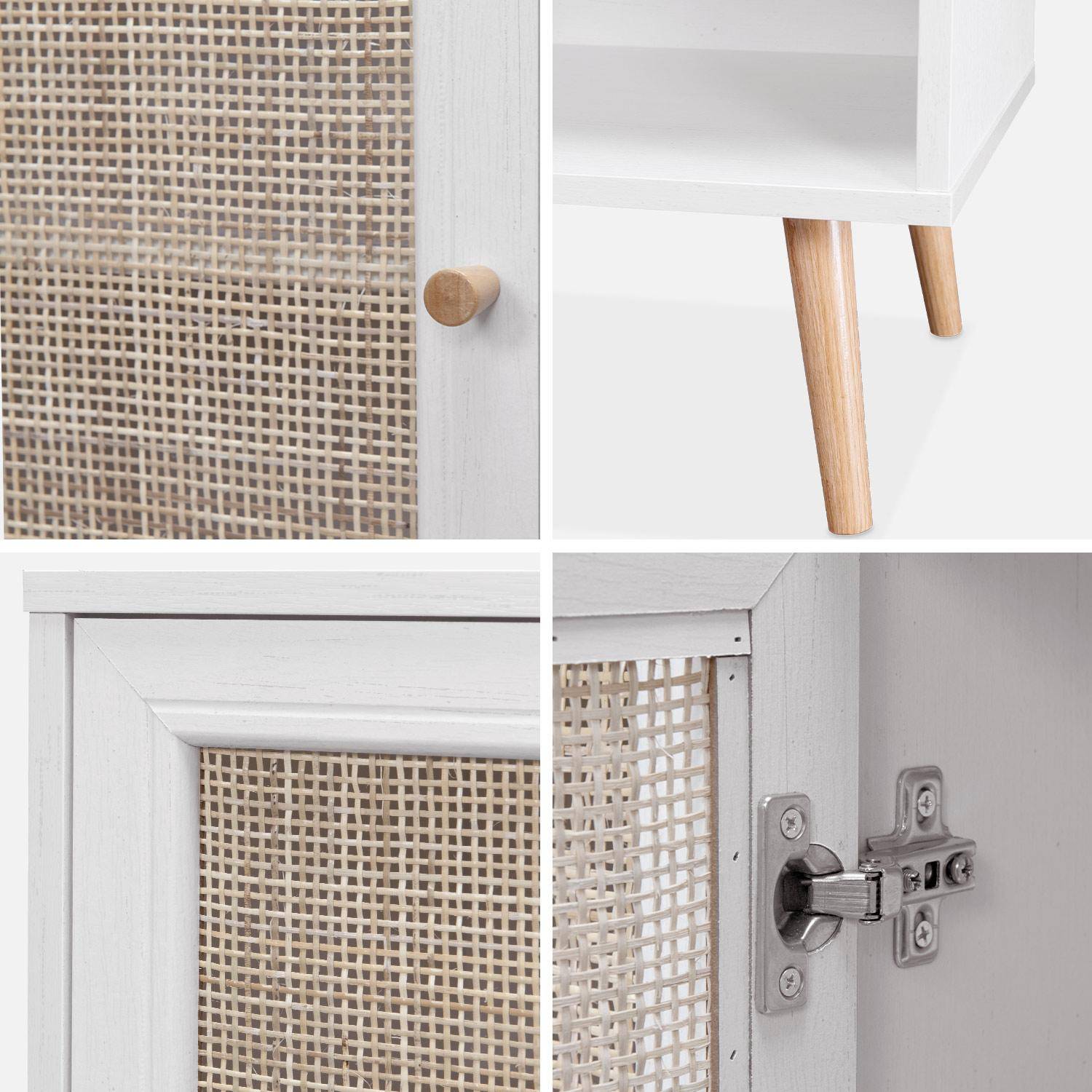 Wooden and cane rattan detail storage cabinet with 2 shelves, 1 cupboard, Scandi-style legs, 80x39x65.8cm - Boheme - White Photo5