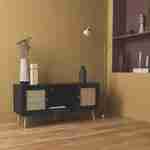 Scandi-style wood and cane rattan TV stand, 2 shelves, 2 doors, 120x39x56.5cm - Boheme - Black Photo1