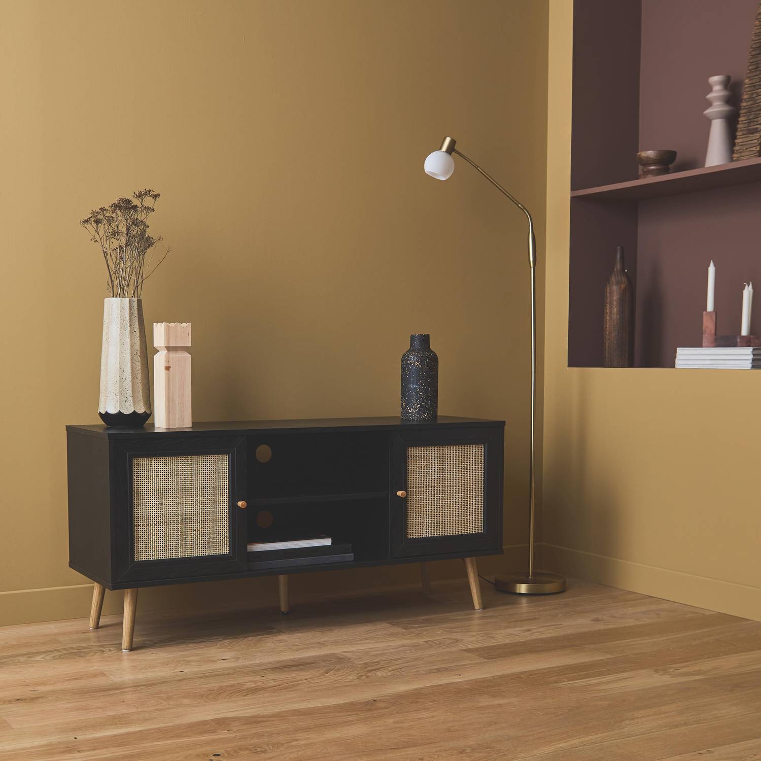 Scandi-style wood and cane rattan TV stand, 2 shelves, 2 doors, 120x39x56.5cm - Boheme - Black Photo1