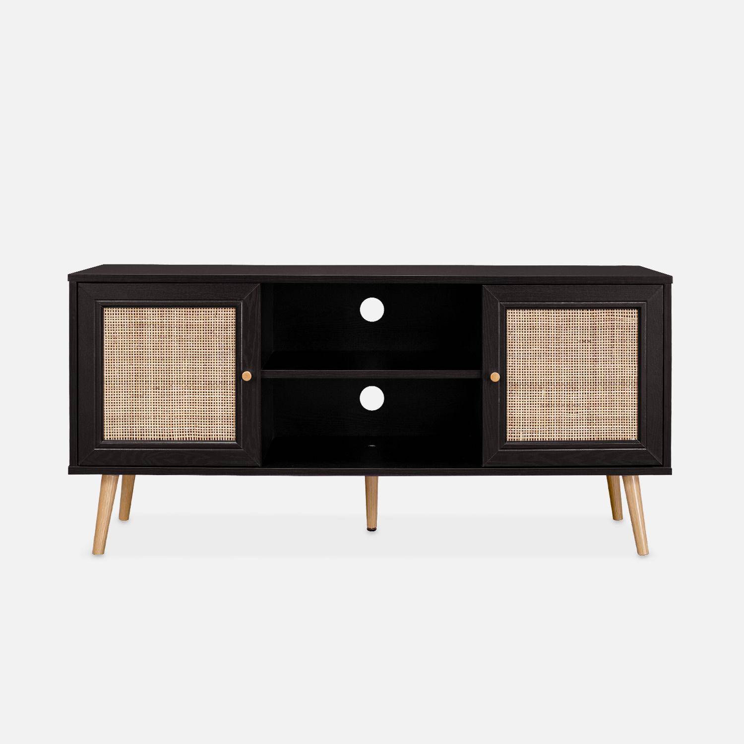 Scandi-style wood and cane rattan TV stand, 2 shelves, 2 doors, 120x39x56.5cm - Boheme - Black,sweeek,Photo4