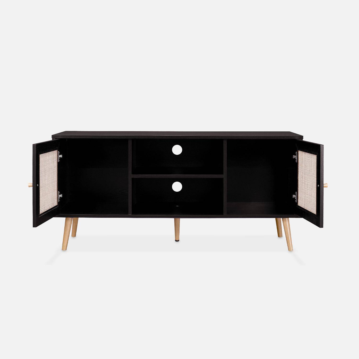 Scandi-style wood and cane rattan TV stand, 2 shelves, 2 doors, 120x39x56.5cm - Boheme - Black,sweeek,Photo5