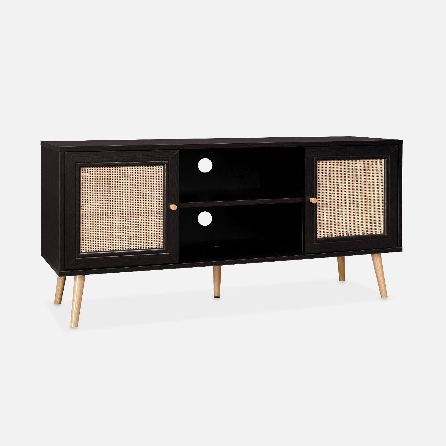 Scandi-style wood and cane rattan TV stand, 2 shelves, 2 doors, 120x39x56.5cm - Boheme - Black,sweeek,Photo3