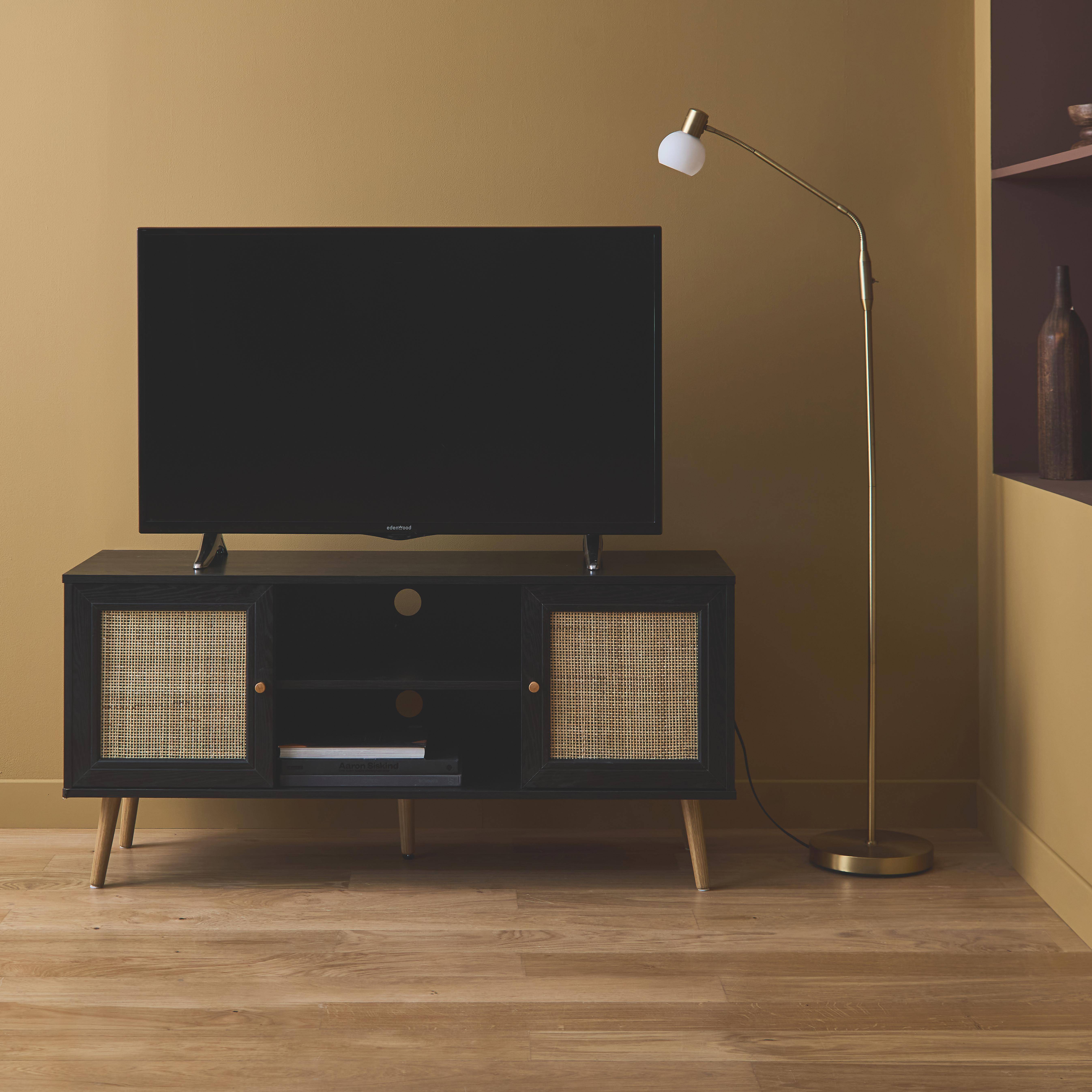 Scandi-style wood and cane rattan TV stand, 2 shelves, 2 doors, 120x39x56.5cm - Boheme - Black,sweeek,Photo2