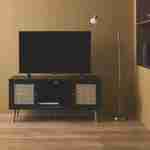 Scandi-style wood and cane rattan TV stand, 2 shelves, 2 doors, 120x39x56.5cm - Boheme - Black Photo2