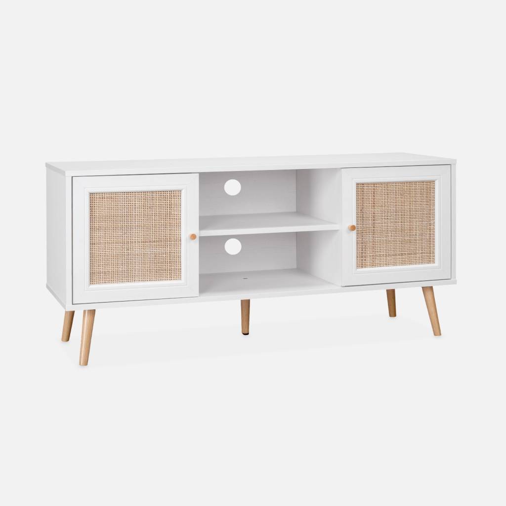 Mueble TV escandinavo efecto madera y caña, 120cm, Blanco