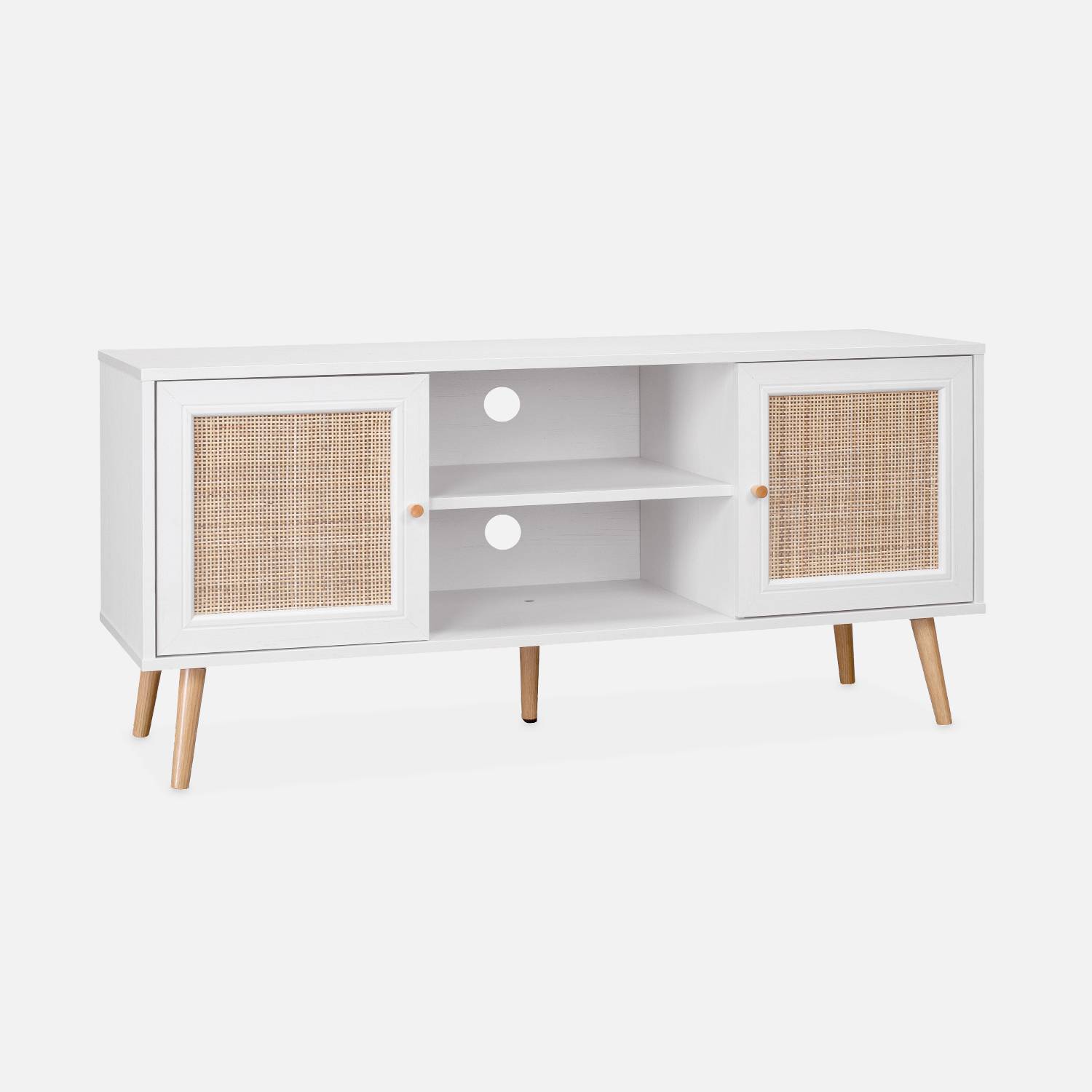 Scandi-style wood and cane rattan TV stand, 120x39x56.5cm, White | sweeek