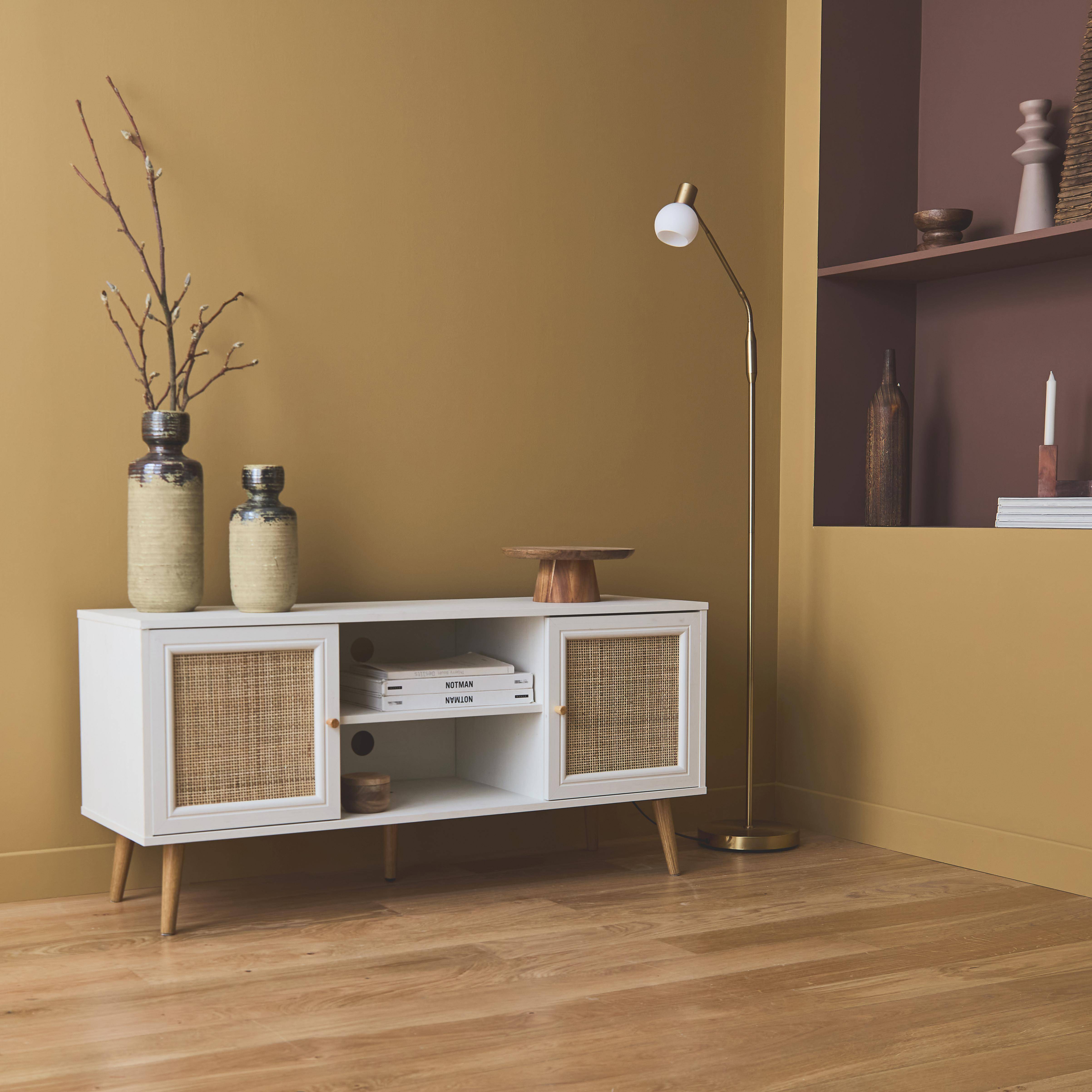 Scandi-style wood and cane rattan TV stand, 2 shelves, 2 doors, 120x39x56.5cm - Boheme - White,sweeek,Photo1