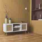 Scandi-style wood and cane rattan TV stand, 2 shelves, 2 doors, 120x39x56.5cm - Boheme - White Photo1