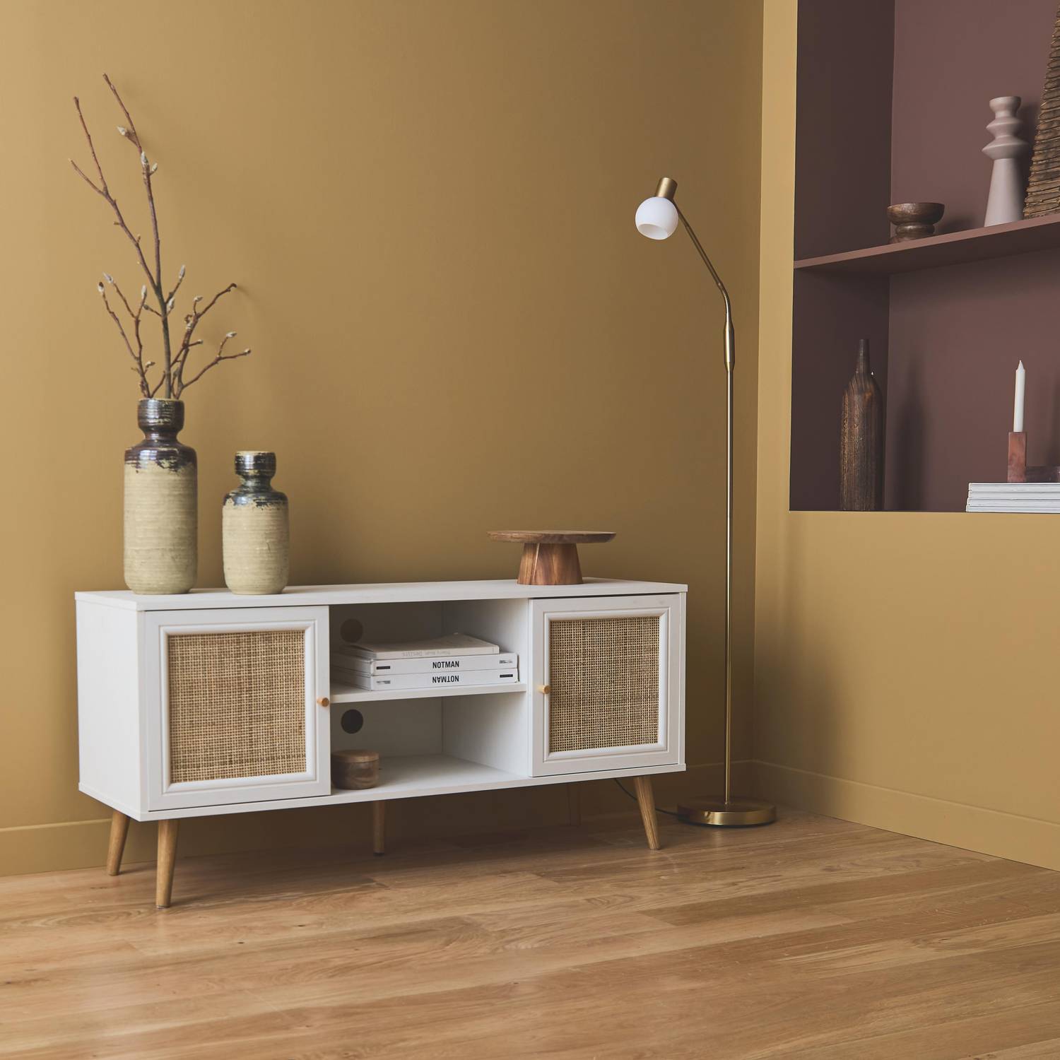 TV-Möbel Weiß mit Rattangeflecht 120 x 39 x 56,5cm -  Bohème - 2 Ebenen, 2 Einlegeböden, 2 Türen, skandinavische Beine Photo1