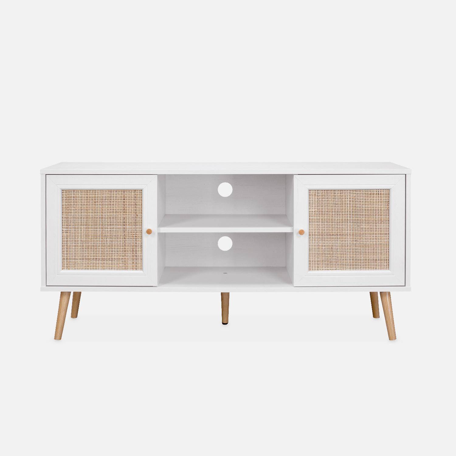 TV-Möbel Weiß mit Rattangeflecht 120 x 39 x 56,5cm -  Bohème - 2 Ebenen, 2 Einlegeböden, 2 Türen, skandinavische Beine Photo4