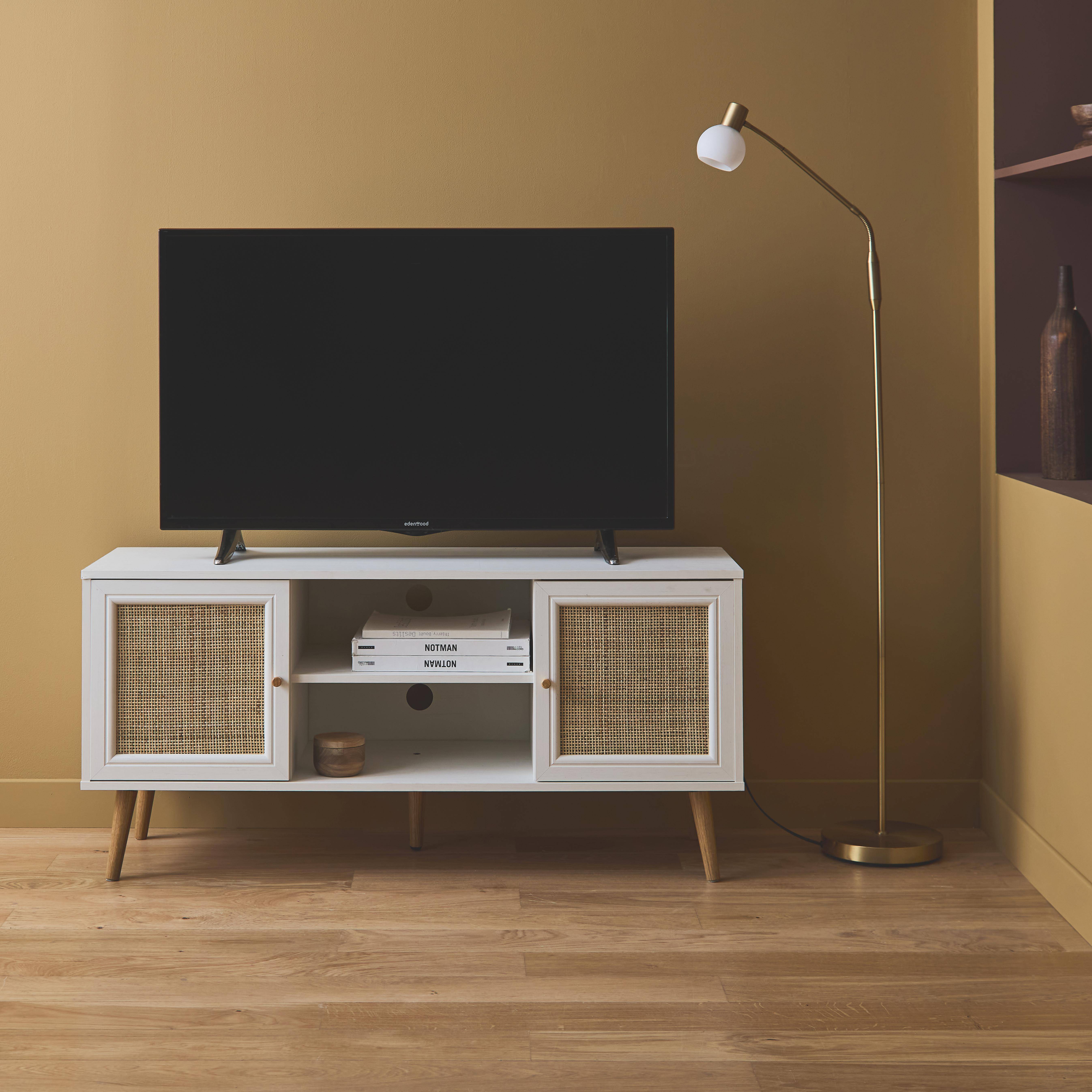 Scandi-style wood and cane rattan TV stand, 2 shelves, 2 doors, 120x39x56.5cm - Boheme - White,sweeek,Photo2