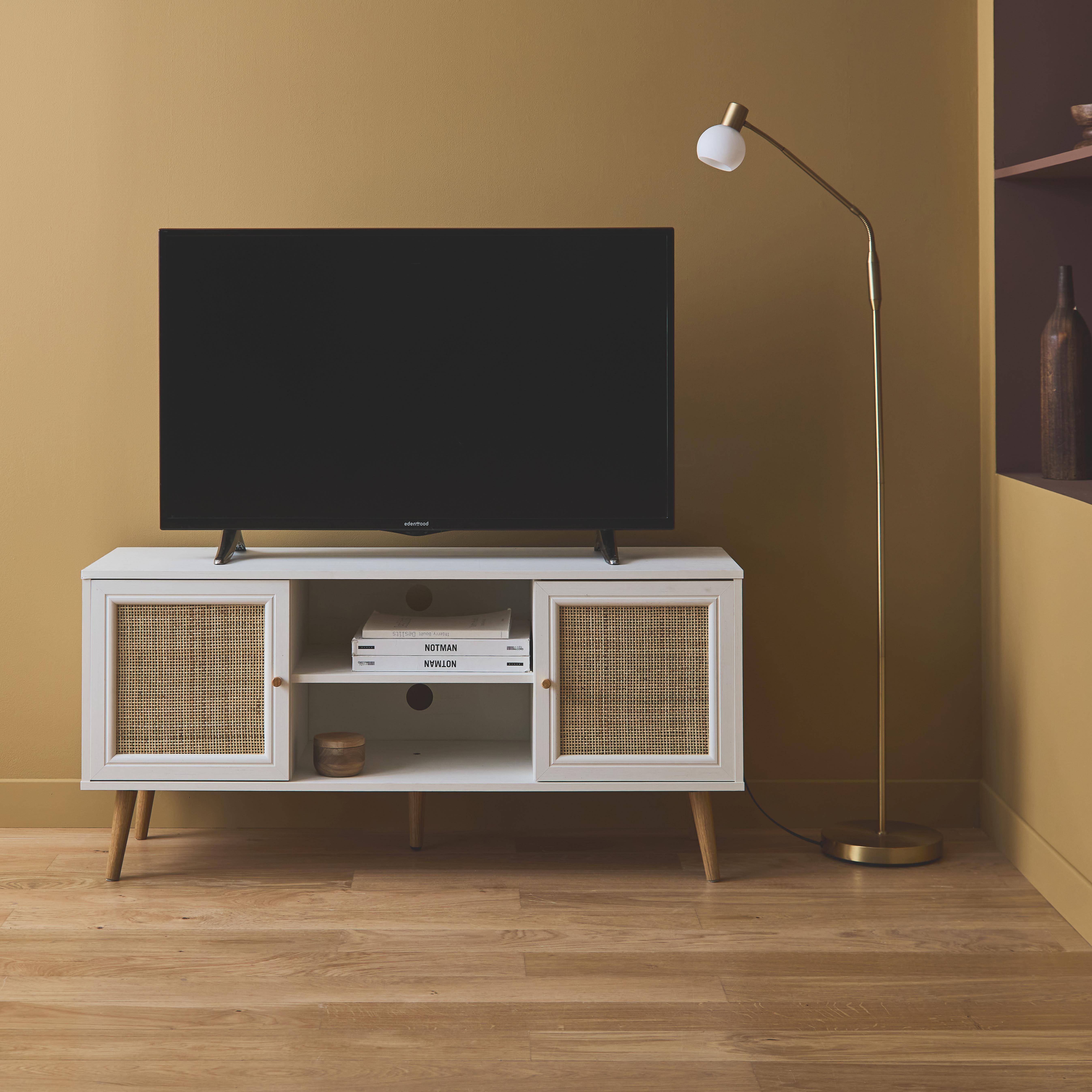 Sweeek Meuble Vinyle Cannage Bois - 1 Porte, 4 Casiers, 83x39x77cm, Style Bohème, Rangement Collection