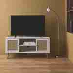 Meuble TV en cannage 120x39x56.5cm -  Bohème - Blanc, 2 niveaux, 2 étagères, 2 portes, pieds scandinaves Photo2