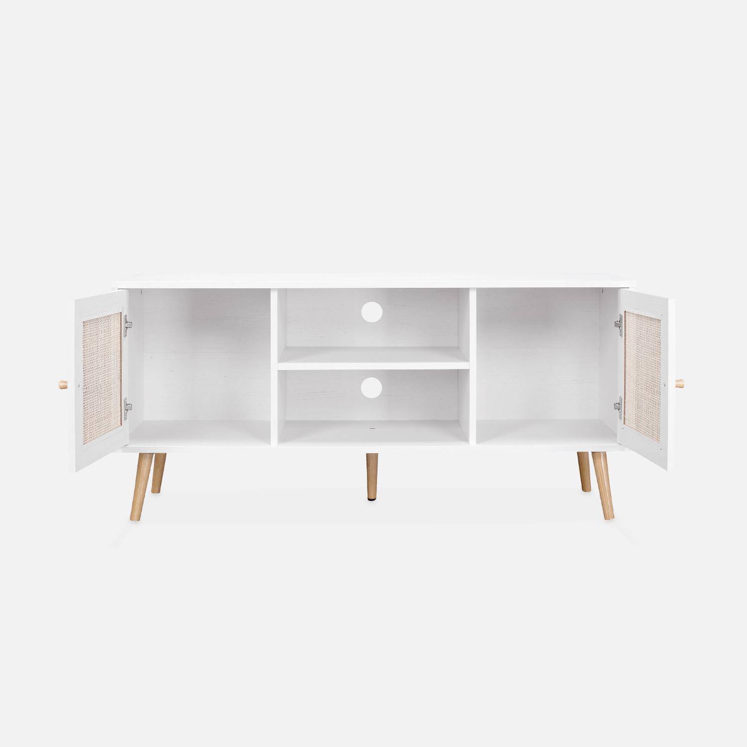 Mueble de TV de caña 120x39x56,5cm - Bohème - Blanco, 2 niveles, 2 estantes, 2 puertas, patas escandinavas Photo5