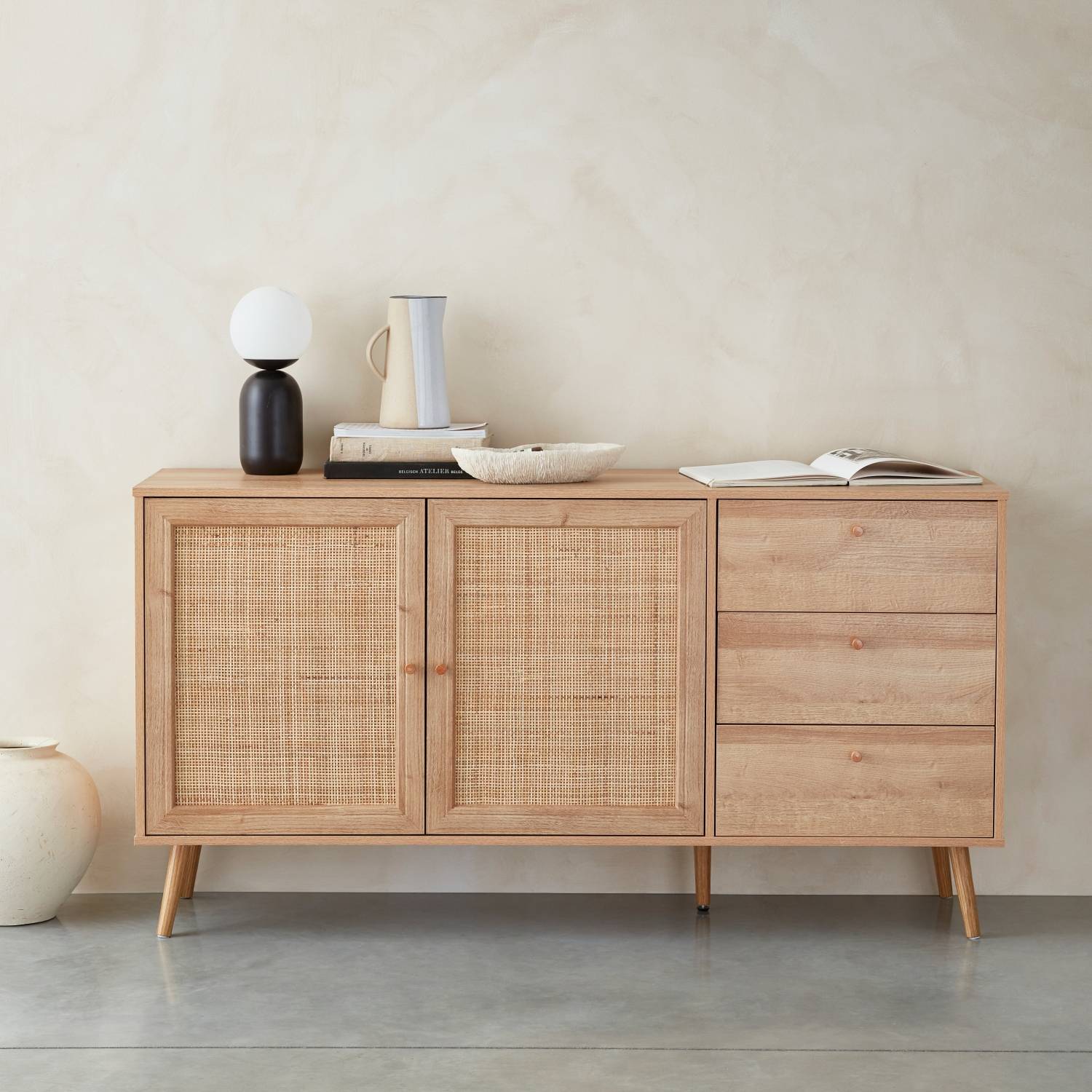 Aiious Credenza grande con 4 ante e 2 cassetti, mobile buffet moderno per sala  da pranzo e soggiorno, Credenza moderna, mobile 150 x 86 x 40 cm (L/A) -  (Bianco antico+legno naturale) 