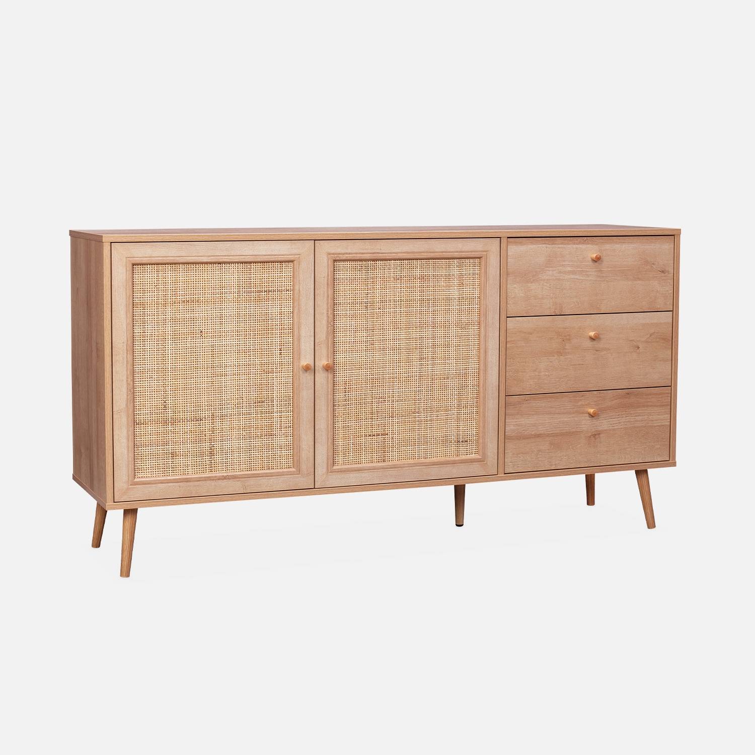 Scandinavian wood and cane effect sideboard 150cm, Natural