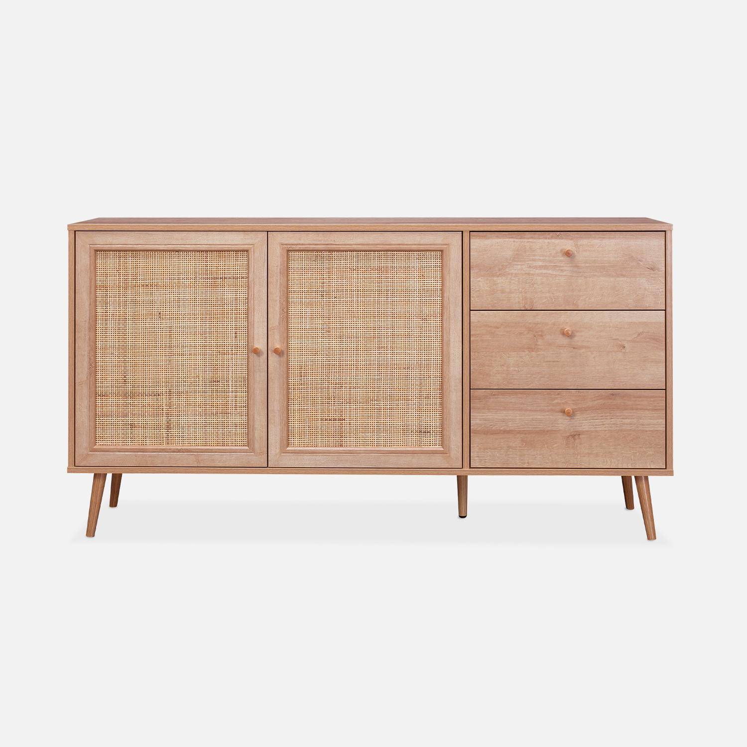 Wood and cane rattan detail sideboard, 2 doors & 3 drawers, Dark wood , L150xW39xH79cm  Photo4