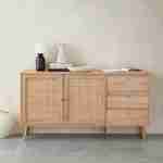 Wood and cane rattan detail sideboard, 2 doors & 3 drawers, Dark wood , L150xW39xH79cm  Photo1