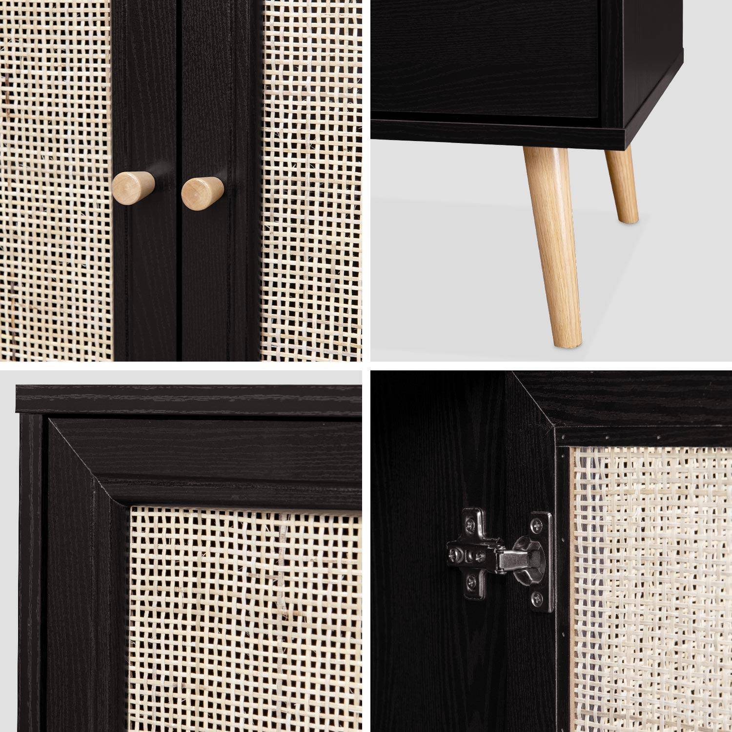 Wood and cane rattan detail sideboard, 2 doors & 3 drawers, Black , L150xW39xH79cm ,sweeek,Photo6