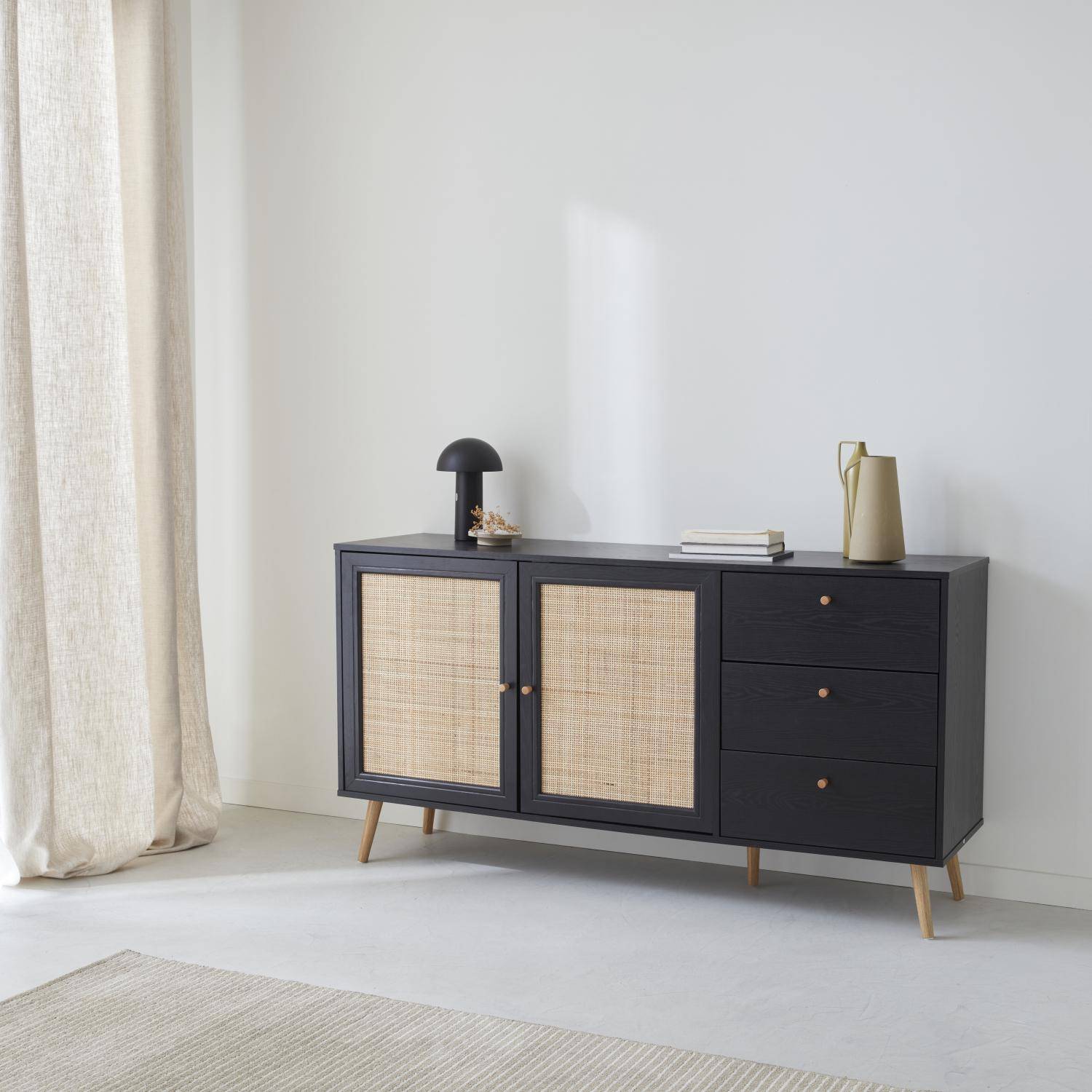 Wood and cane rattan detail sideboard, 2 doors & 3 drawers, Black , L150xW39xH79cm ,sweeek,Photo2