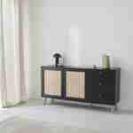 Wood and cane rattan detail sideboard, 2 doors & 3 drawers, Black , L150xW39xH79cm  Photo2