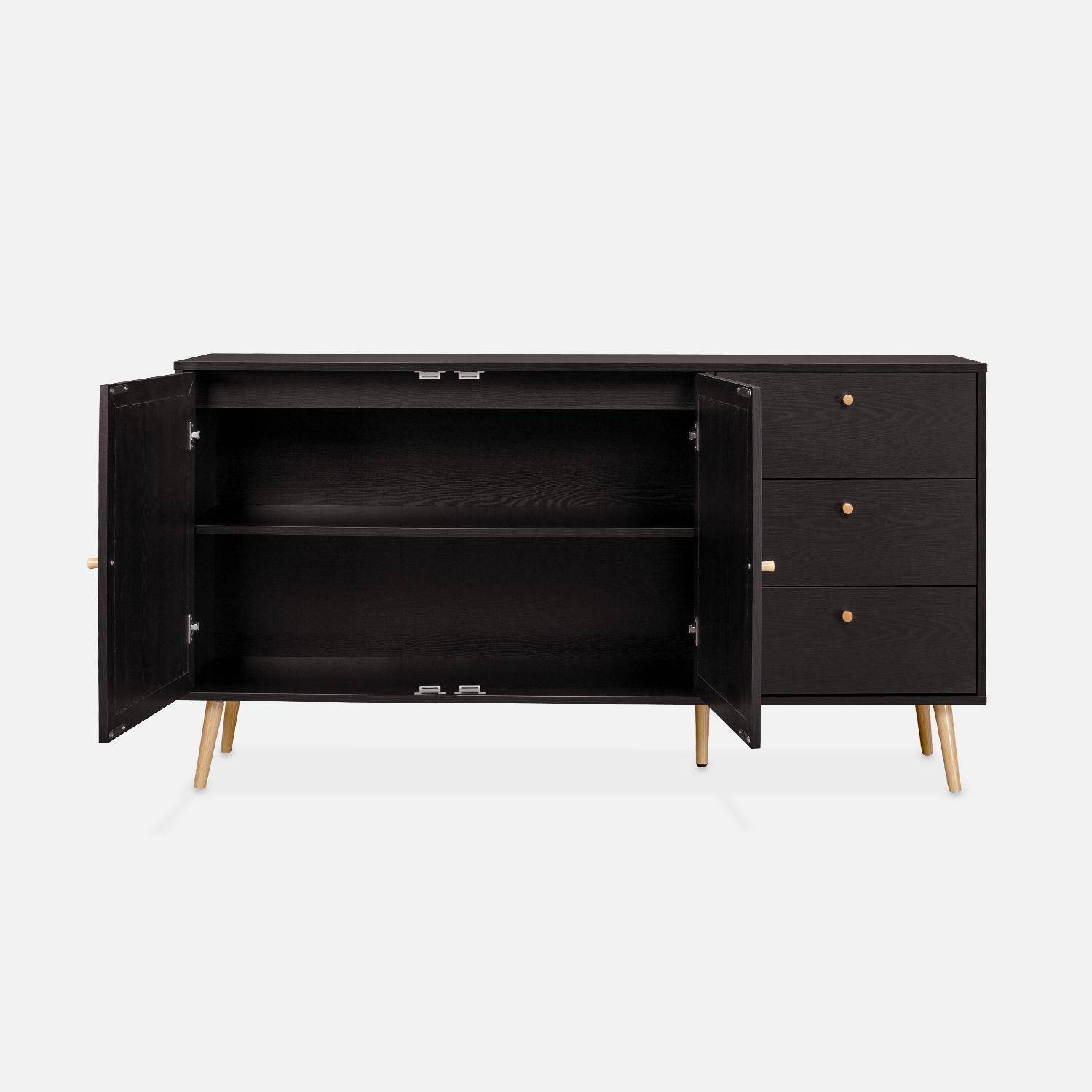 Wood and cane rattan detail sideboard, 2 doors & 3 drawers, Black , L150xW39xH79cm  Photo5