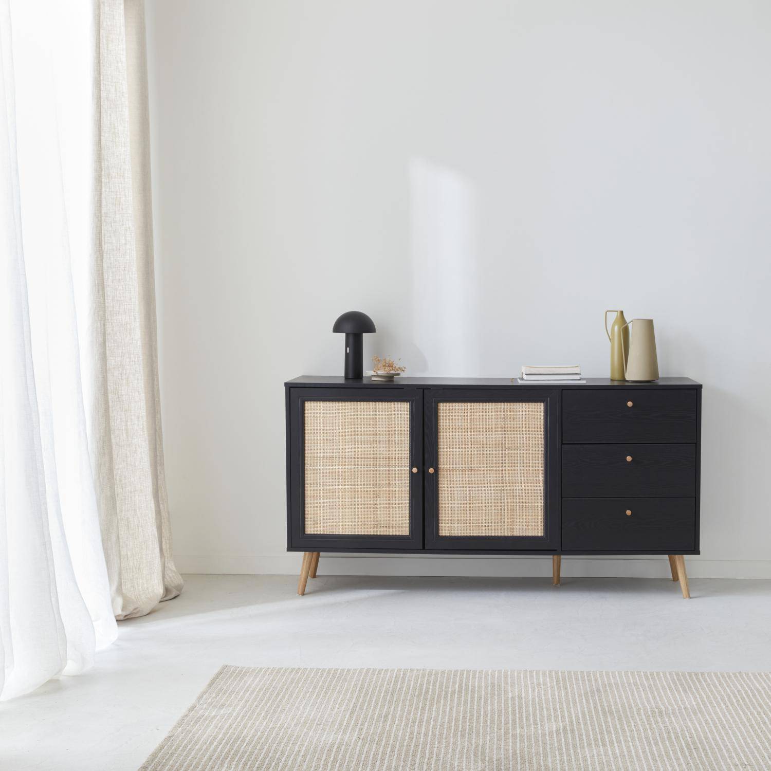 Aparador Alto VITO De 4 Puertas - Negro Y Madera, 80x34x125 Cm, Ideal Para Salón O Comedor