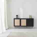 Wood and cane rattan detail sideboard, 2 doors & 3 drawers, Black , L150xW39xH79cm  Photo1