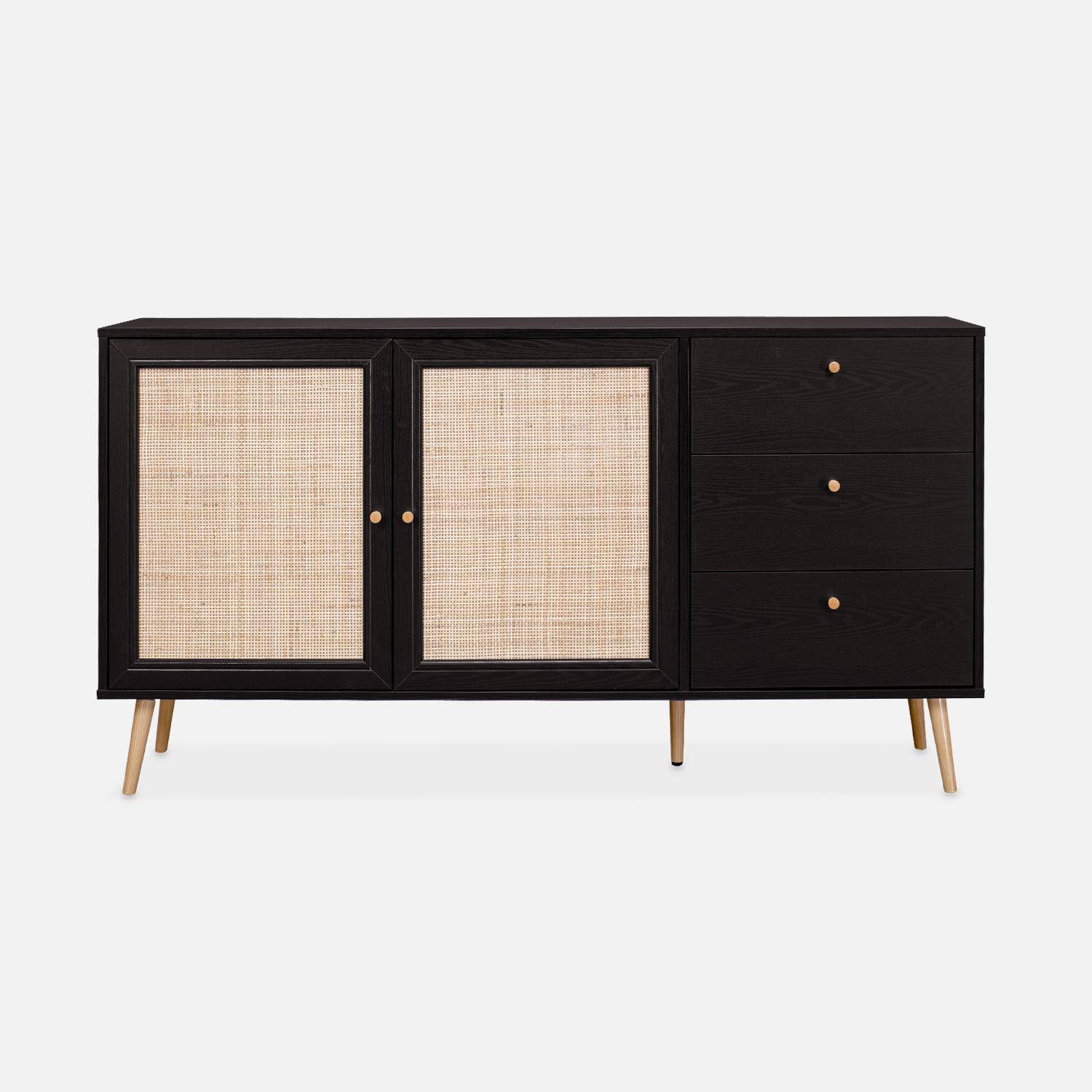 Wood and cane rattan detail sideboard, 2 doors & 3 drawers, Black , L150xW39xH79cm ,sweeek,Photo4