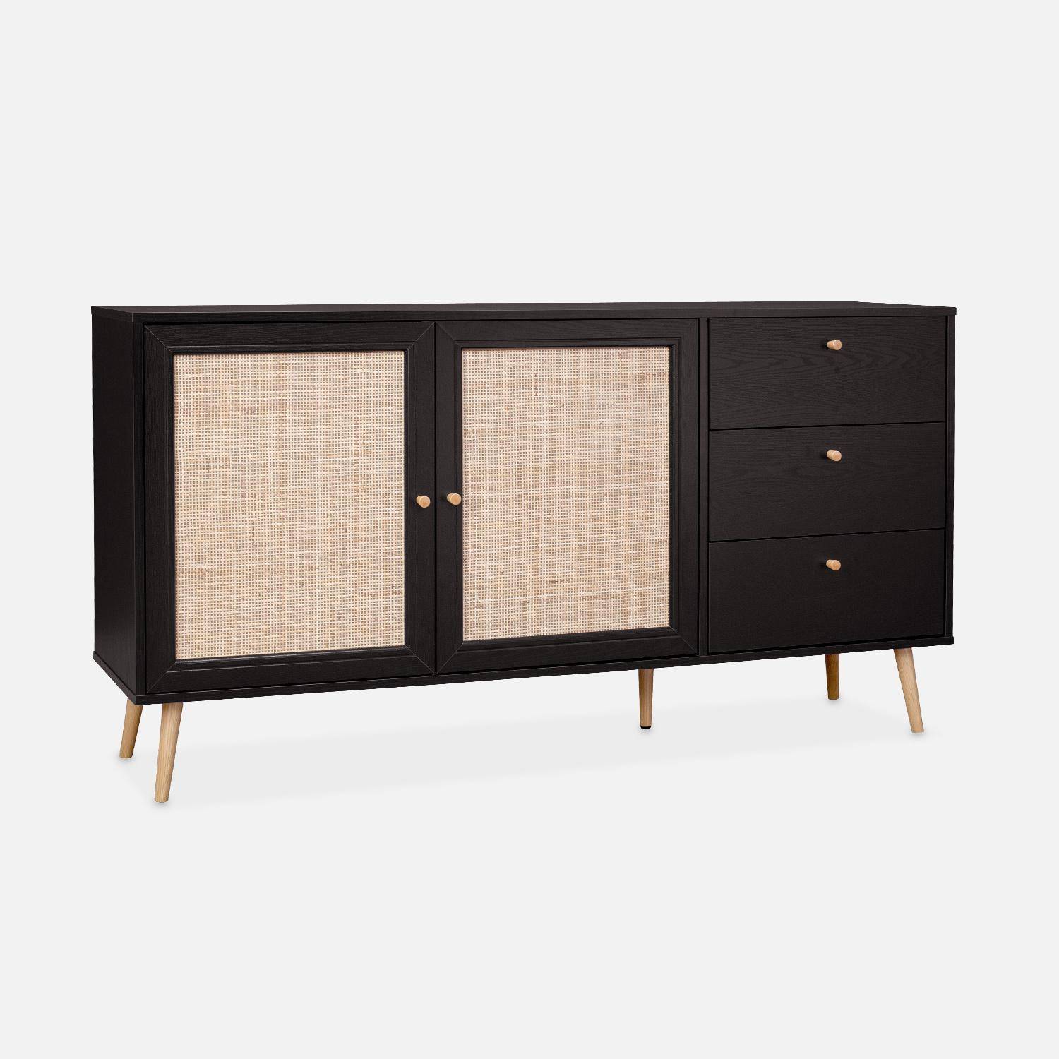 Wood and cane rattan detail sideboard, 2 doors & 3 drawers, Black , L150xW39xH79cm ,sweeek,Photo3