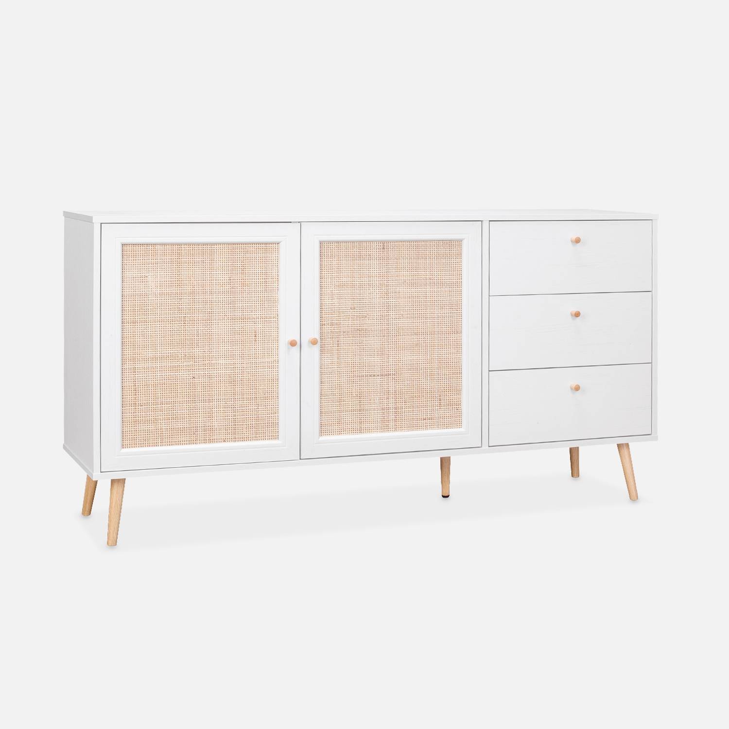 Wood and cane rattan detail sideboard, 2 doors & 3 drawers, White , L150xW39xH79cm  | sweeek