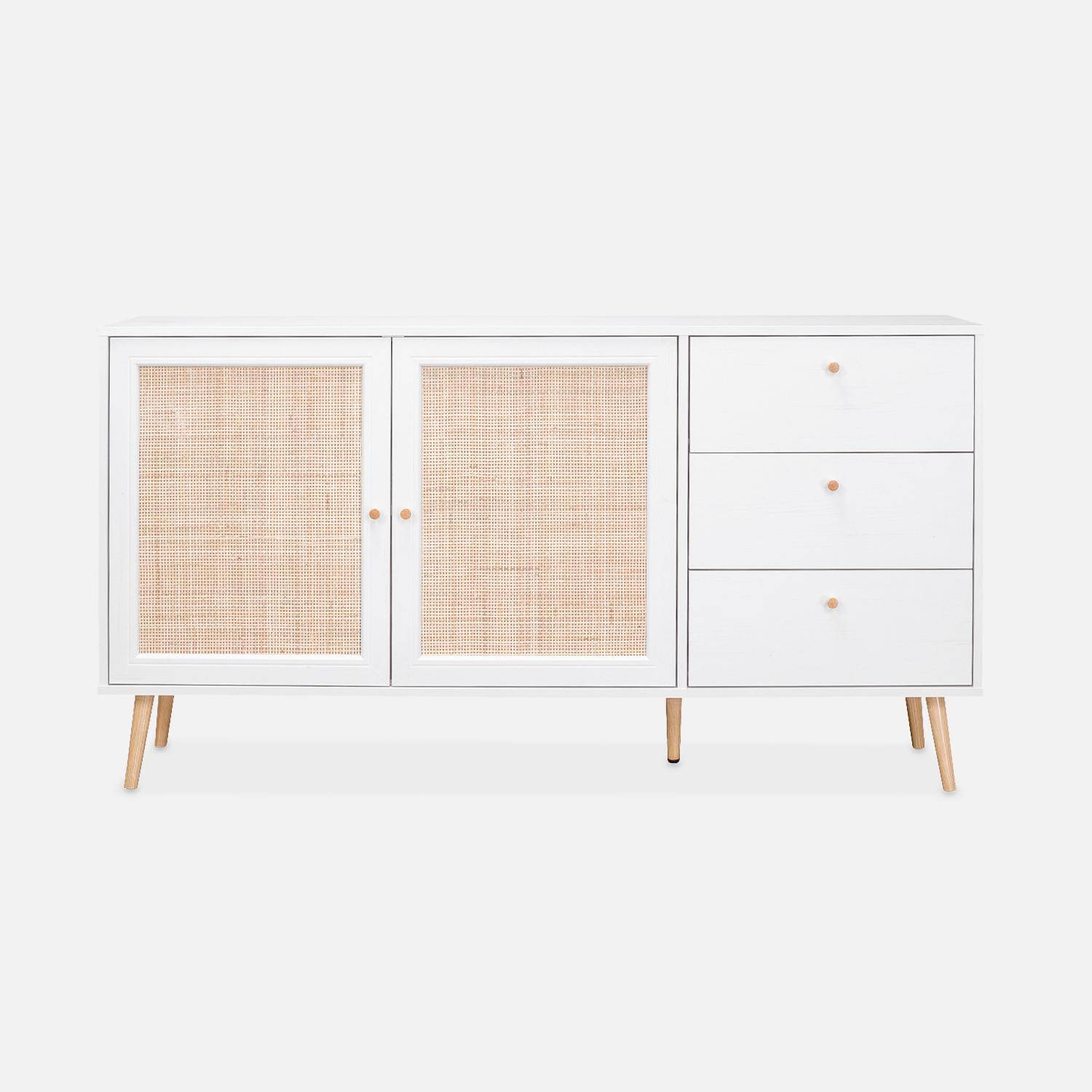 Wood and cane rattan detail sideboard, 2 doors & 3 drawers, White , L150xW39xH79cm ,sweeek,Photo4