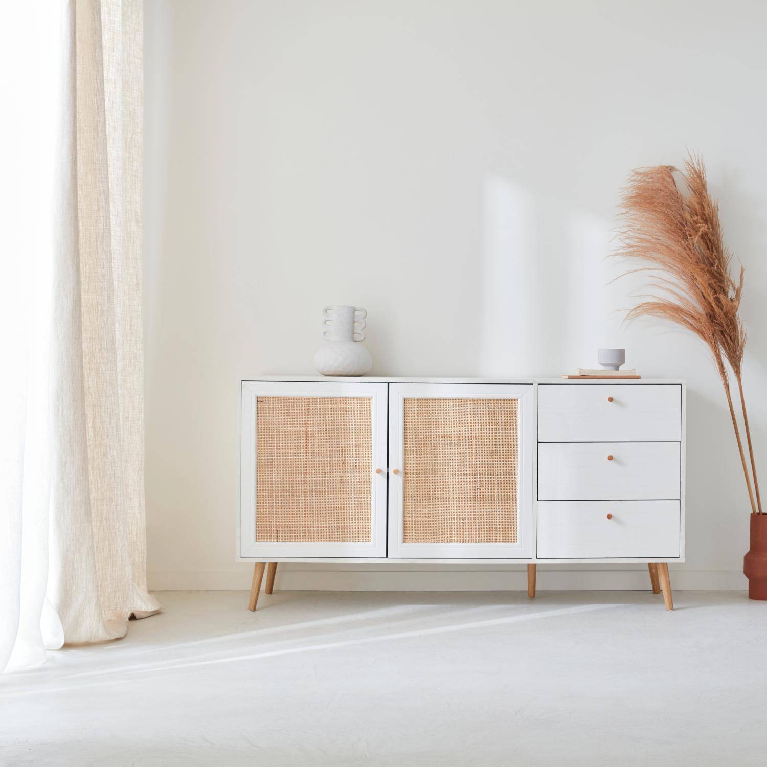 Wood and cane rattan detail sideboard, 2 doors & 3 drawers, White , L150xW39xH79cm  Photo1