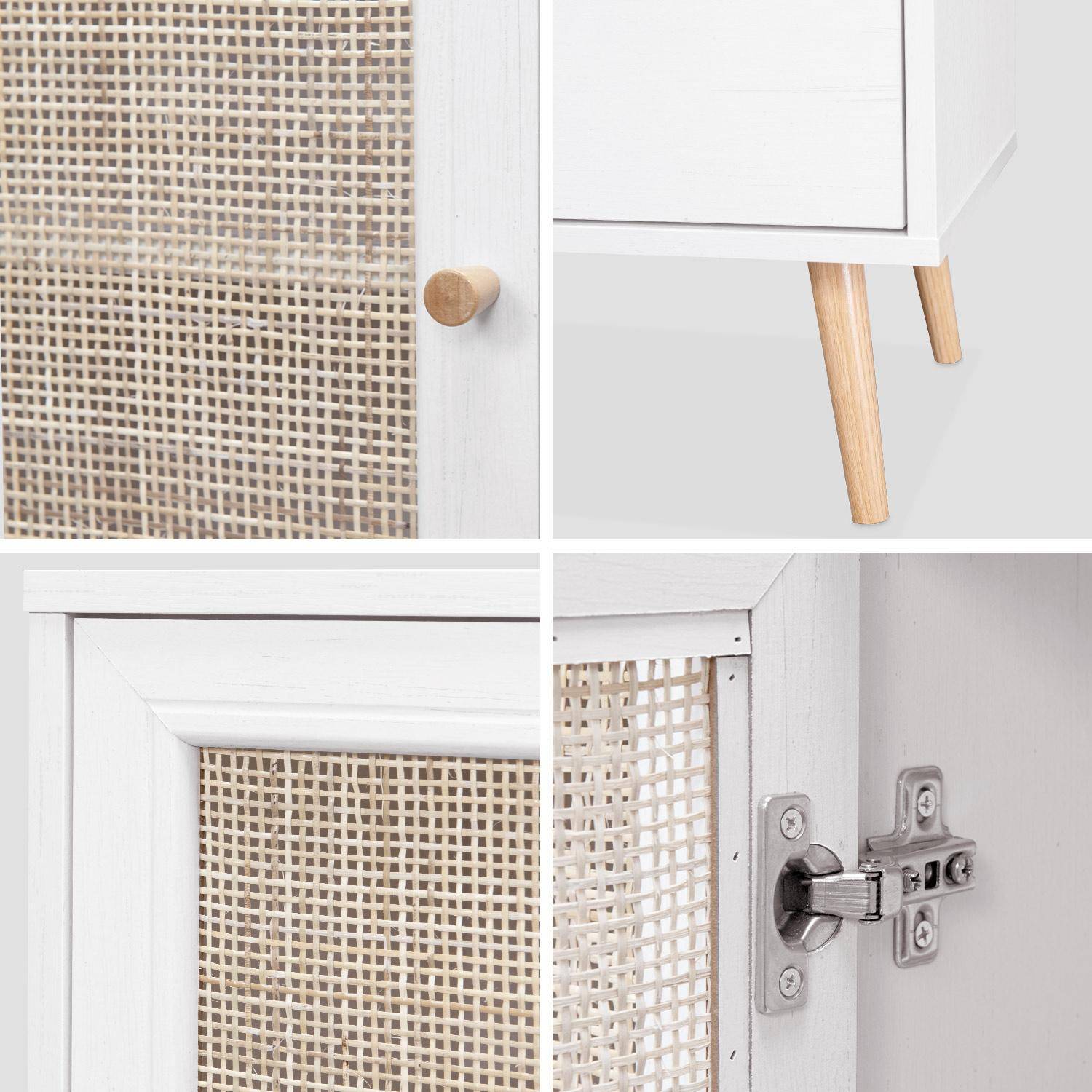 Wood and cane rattan detail sideboard, 2 doors & 3 drawers, White , L150xW39xH79cm ,sweeek,Photo6