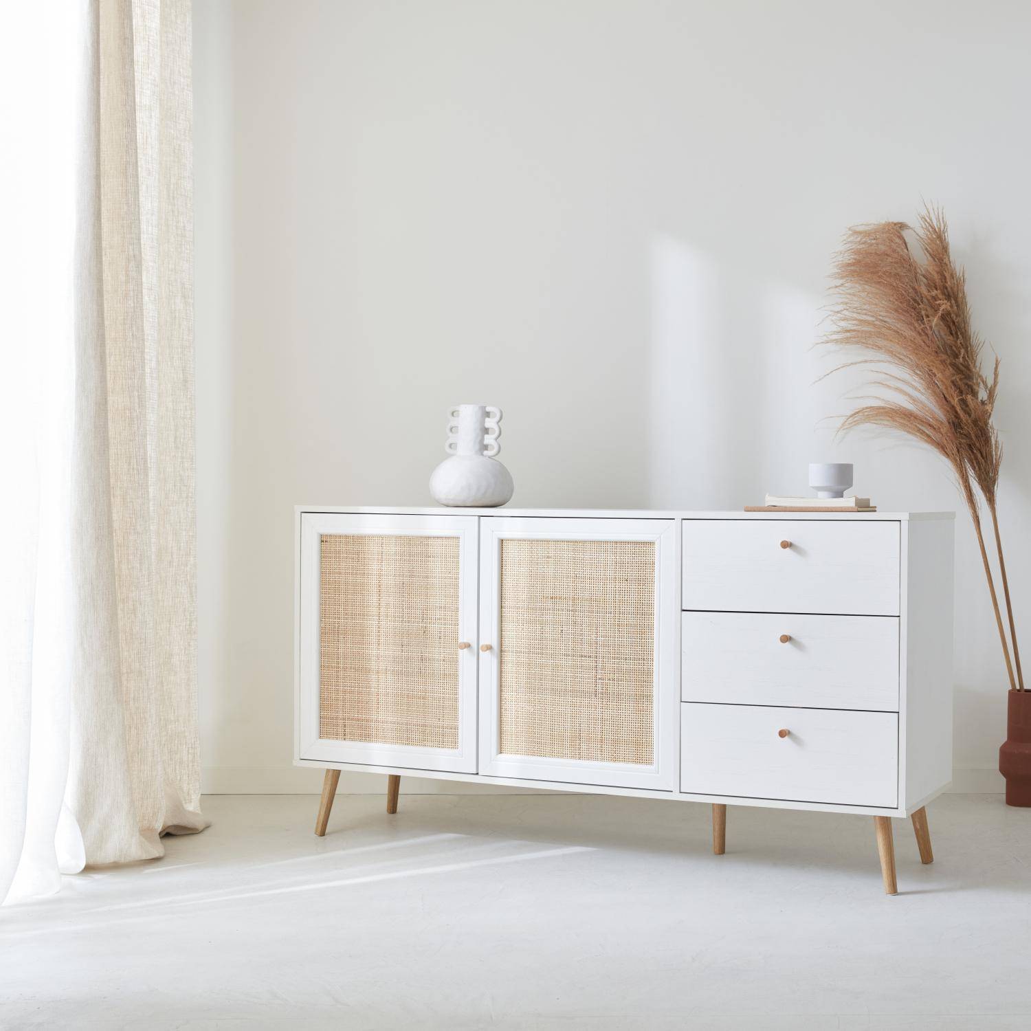 Wood and cane rattan detail sideboard, 2 doors & 3 drawers, White , L150xW39xH79cm  Photo2