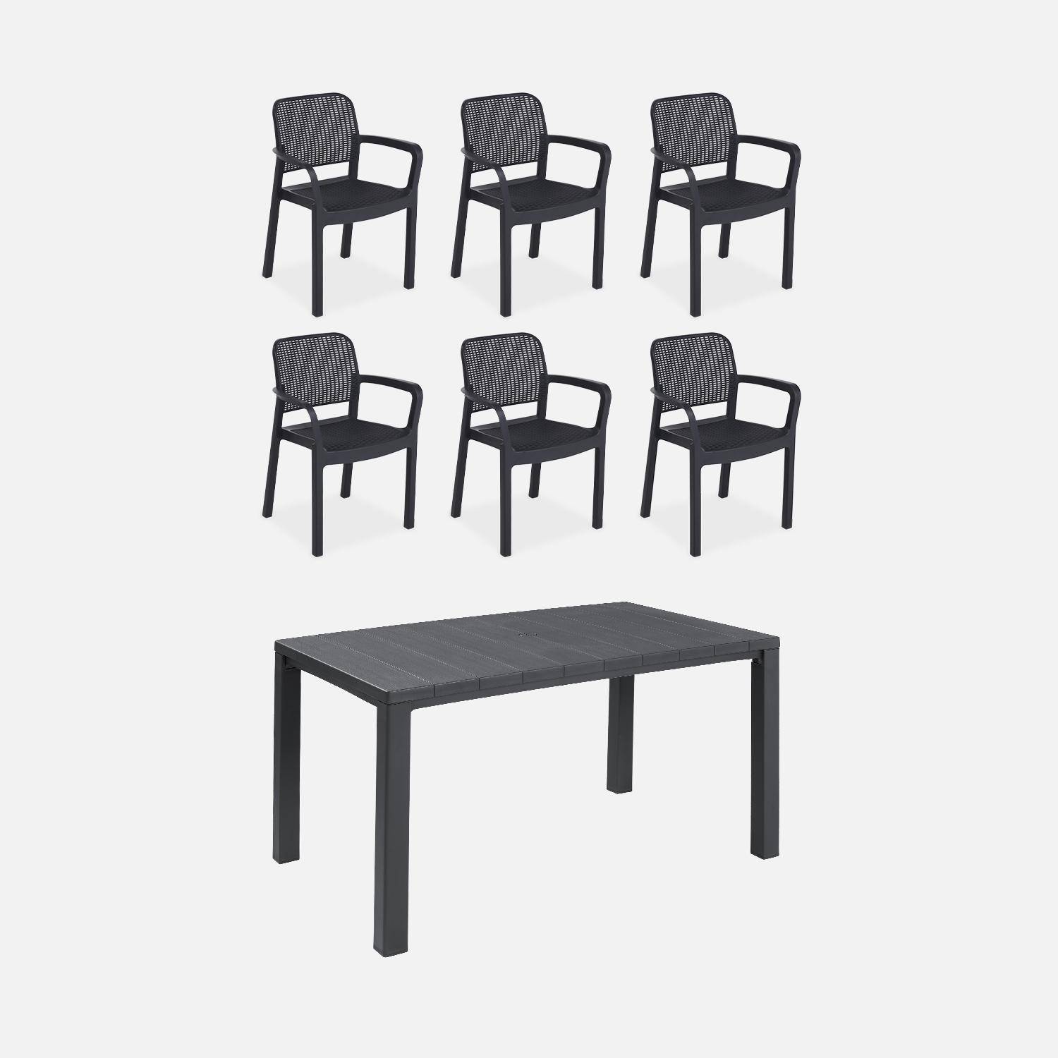 Table de jardin en résine de synthèse - Julie,  Rectangulaire, graphite, 147cm + 6 fauteuils de jardin empilables Samanna,sweeek,Photo1