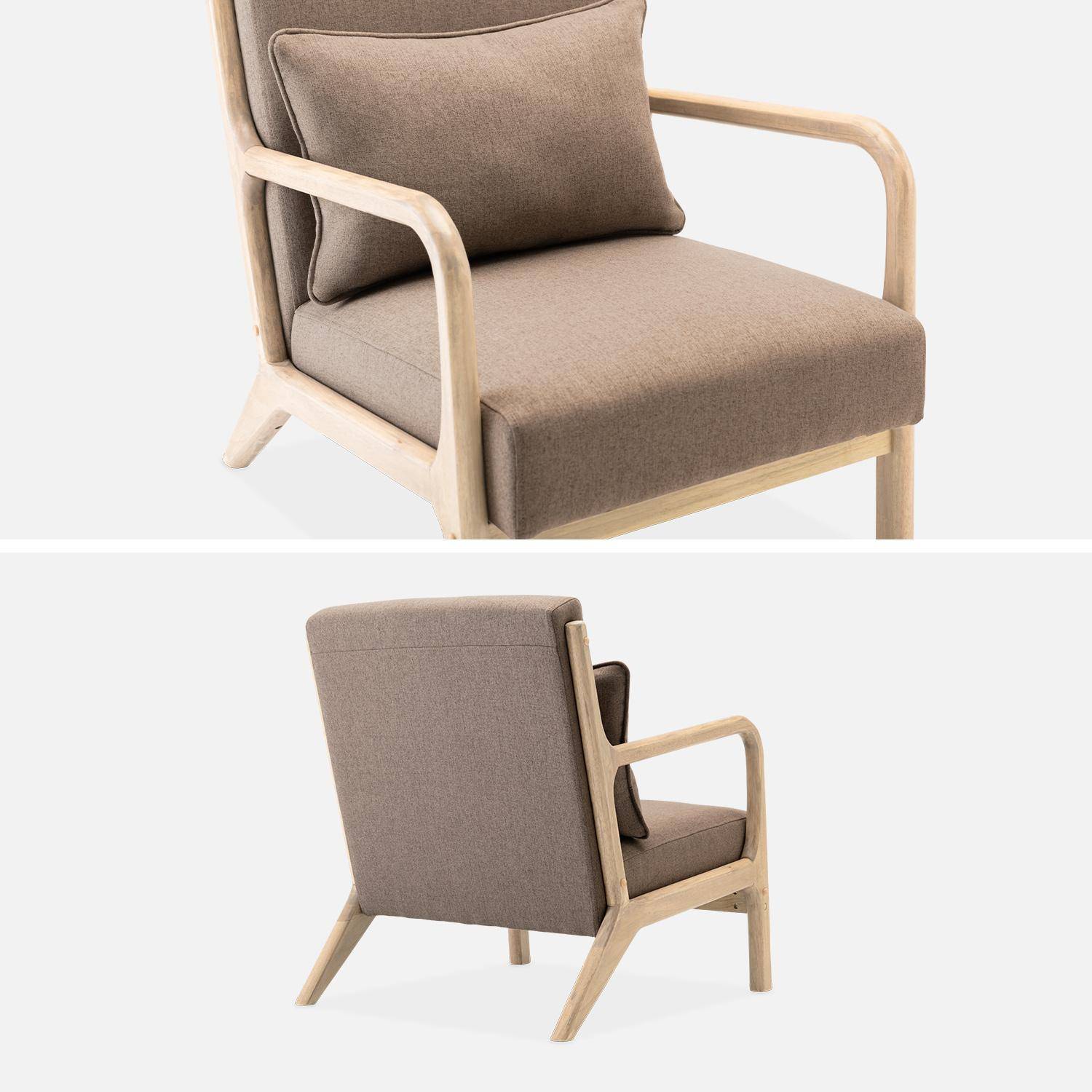 Sillón de diseño marrón en madera y tela, 1 asiento recto fijo, patas de compás escandinavas, armazón de madera maciza, asiento cómodo Photo6