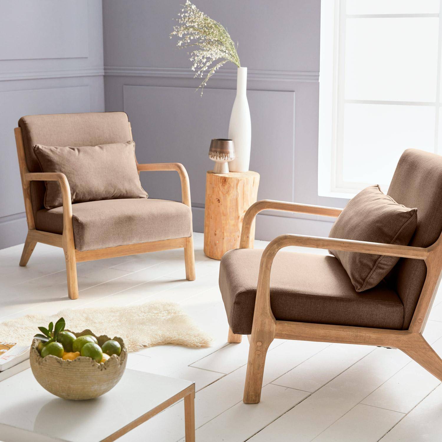 Sillón de diseño marrón en madera y tela, 1 asiento recto fijo, patas de compás escandinavas, armazón de madera maciza, asiento cómodo Photo2