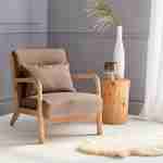 Design zetel van hout en stof, 1 vaste rechte zitting, kompaspoten, Scandinavische stijl Photo1